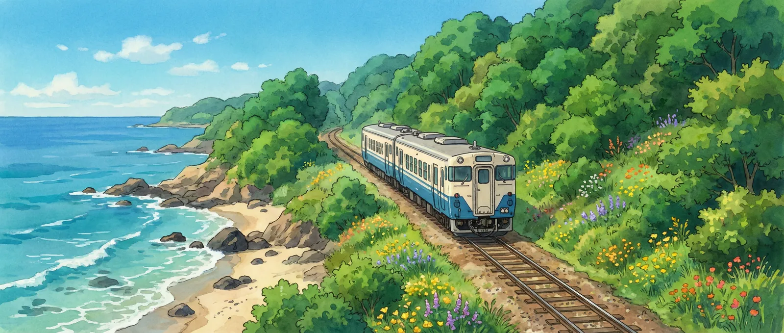 Ghibli-Style Coastal Train Journey