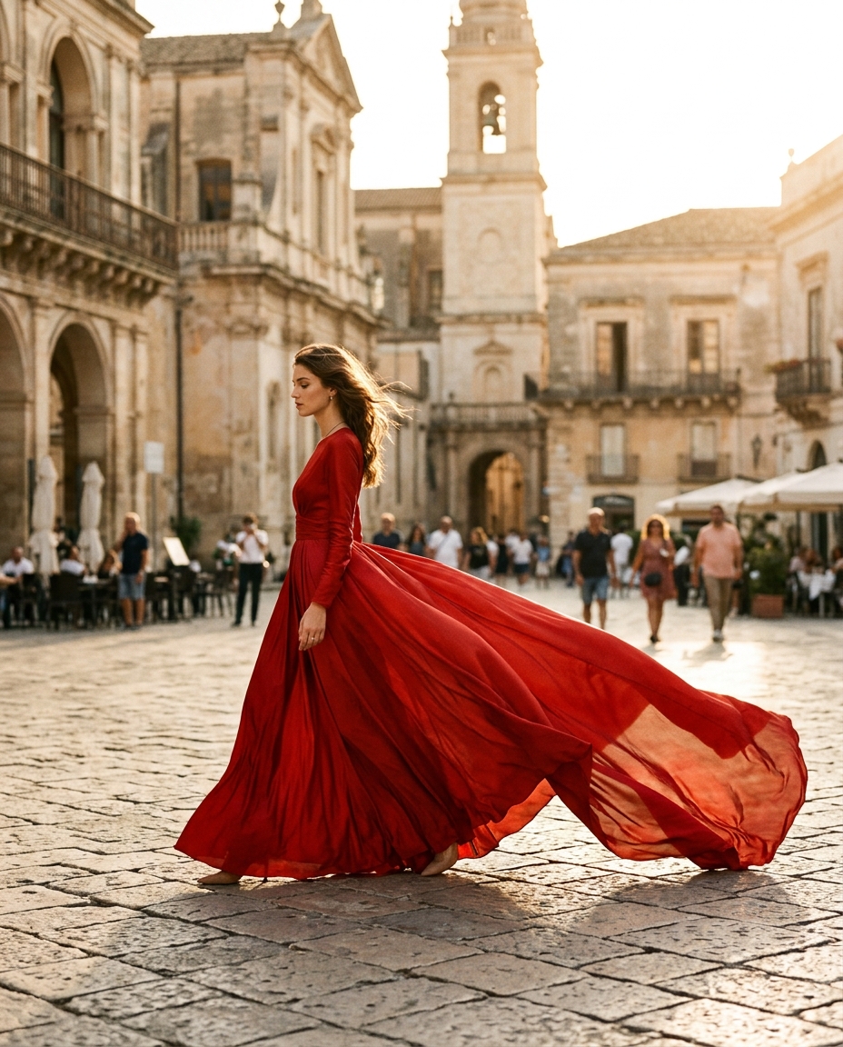 Flowing Red Dress in Piazza