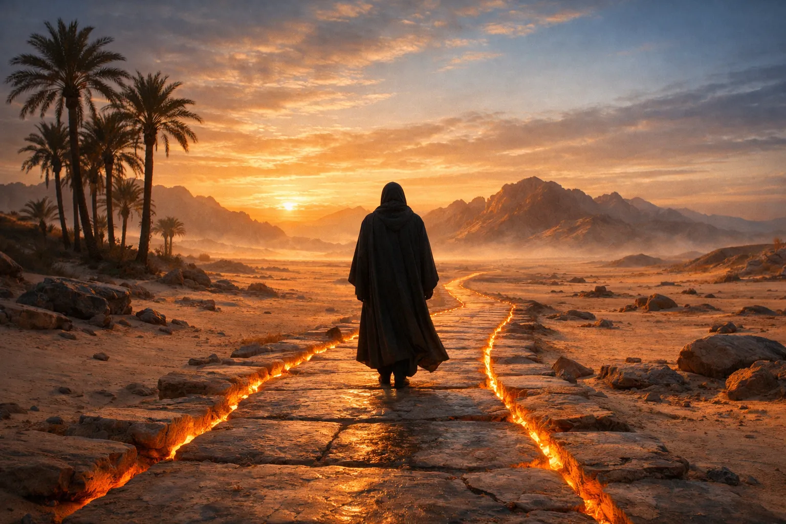 Lone Figure on a Glowing Desert Path