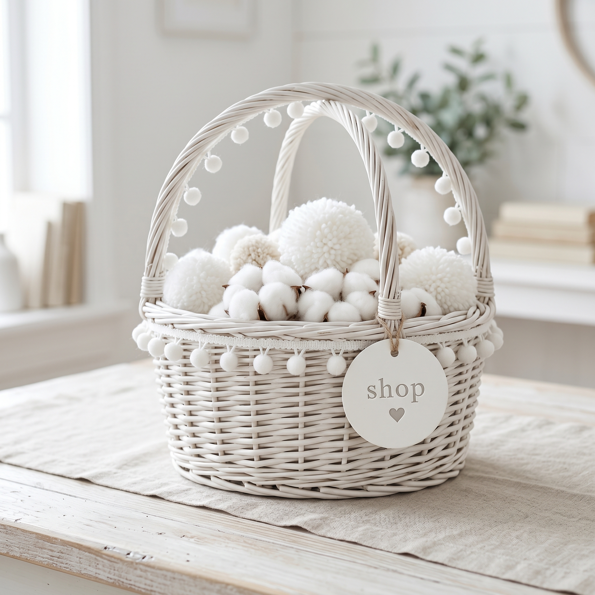 White Wicker Basket with Shop Tag