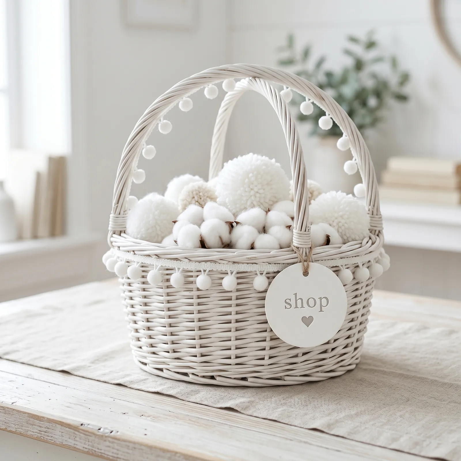White Wicker Basket with Shop Tag