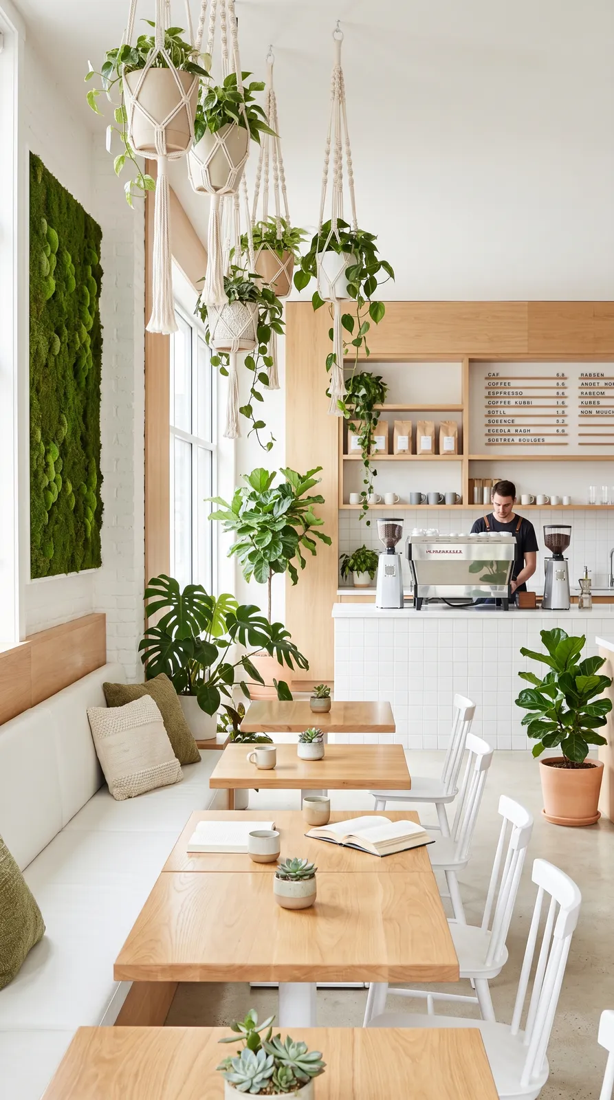 Modern Cafe Interior with Lush Greenery
